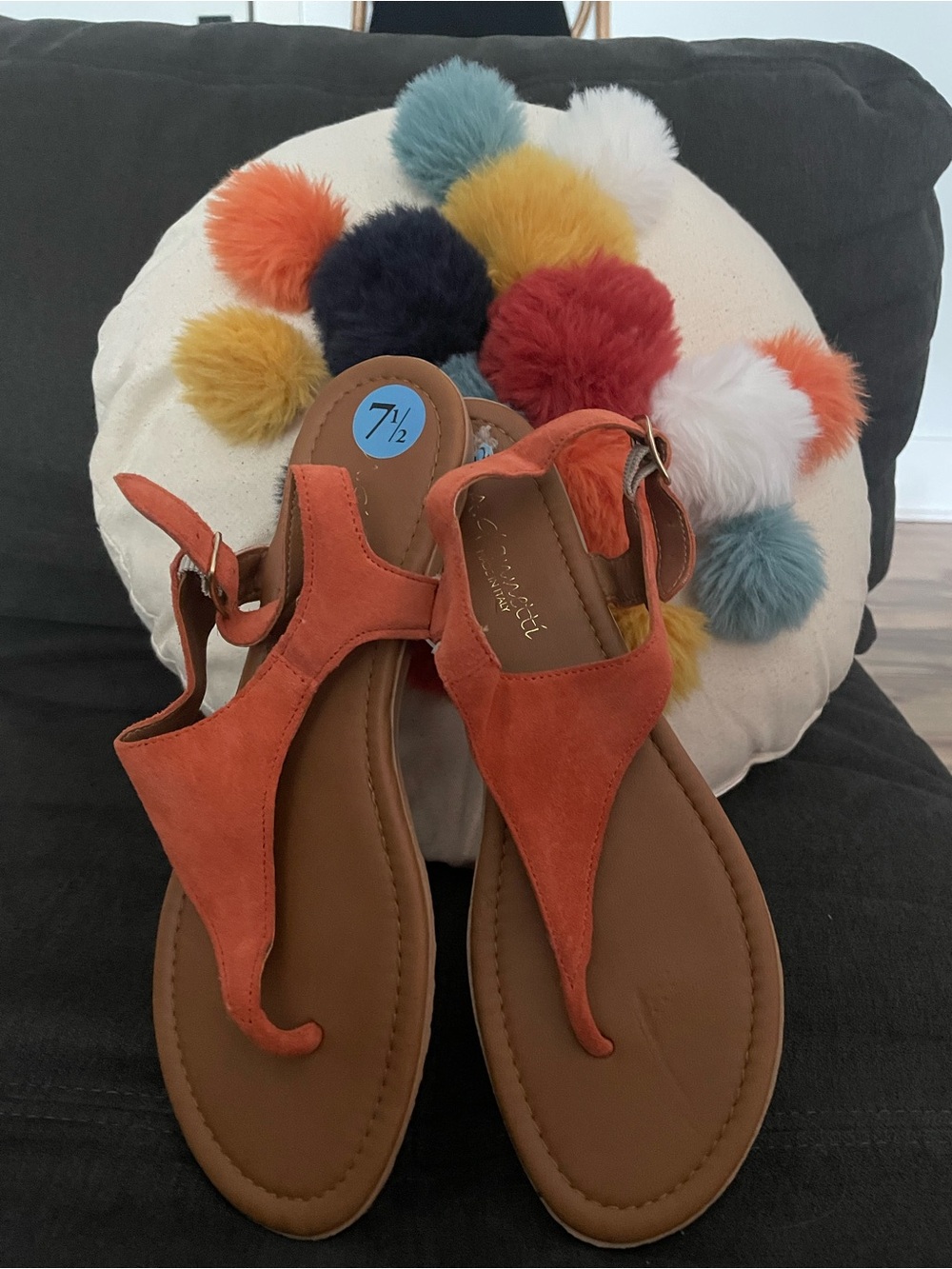 Women's Orange Suede T-Strap Sandals